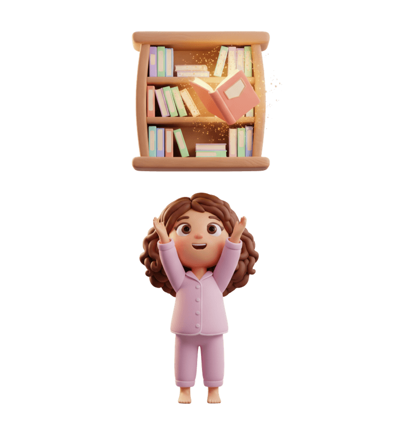 Child reaching for a magical storybook library